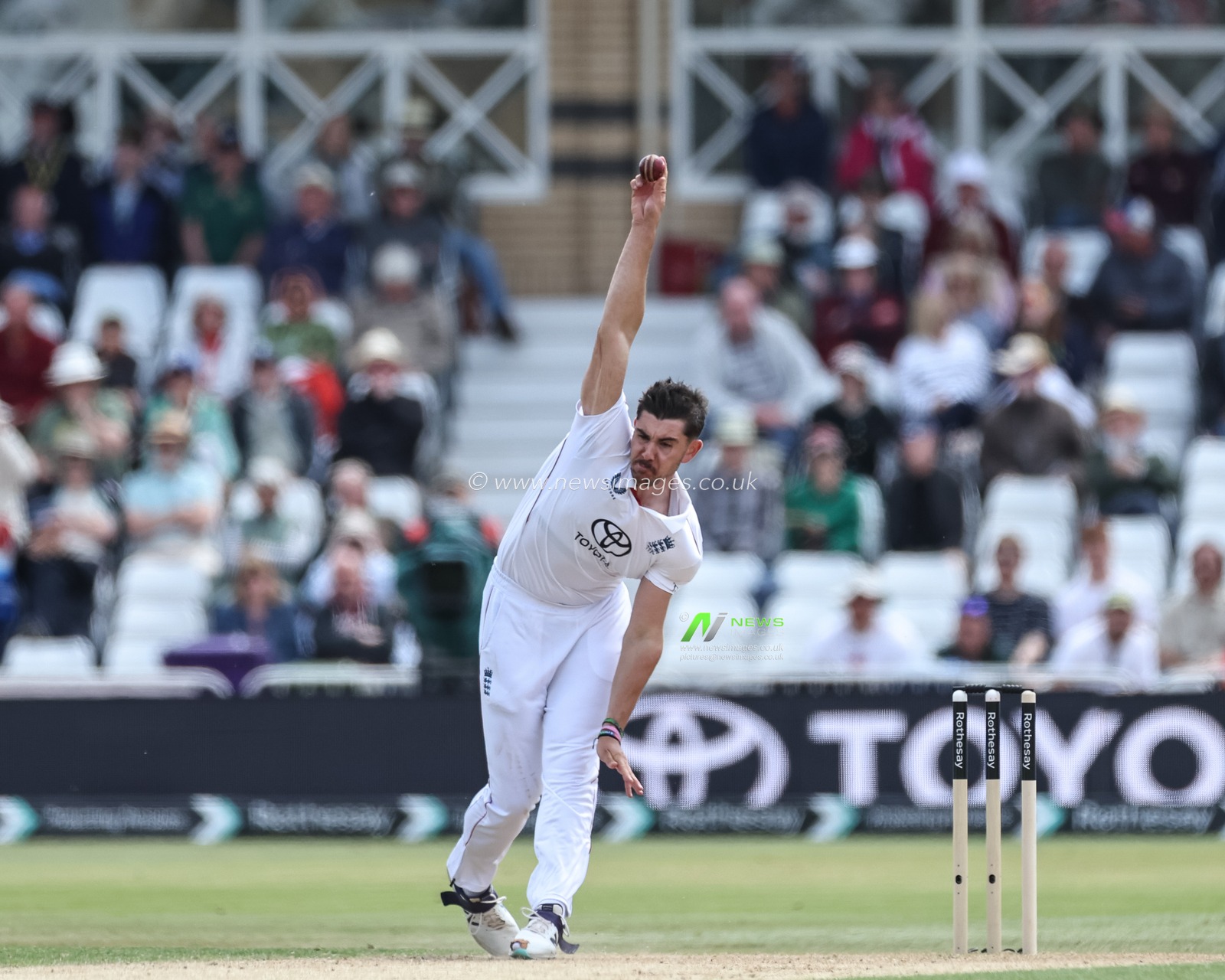 Josh Tongue of England delivers the ball during the Rothesay Test Match Day 2 England vs Zimbabwe at Trent Bridge, Nottingham, United Kingdom, 23rd May 2025

(Photo by Mark Cosgrove/News Images)