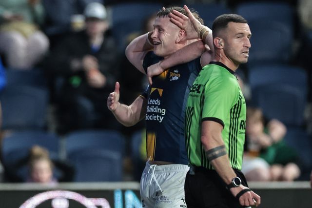 Harry Newman of Leeds Rhinos celebrates his try during the Betfred Super League round 12 match Leeds Rhinos vs Huddersfield Giants at AMT Headingley Stadium, Leeds, United Kingdom on 22 May 2026

(Photo by Mark Cosgrove/News Images)