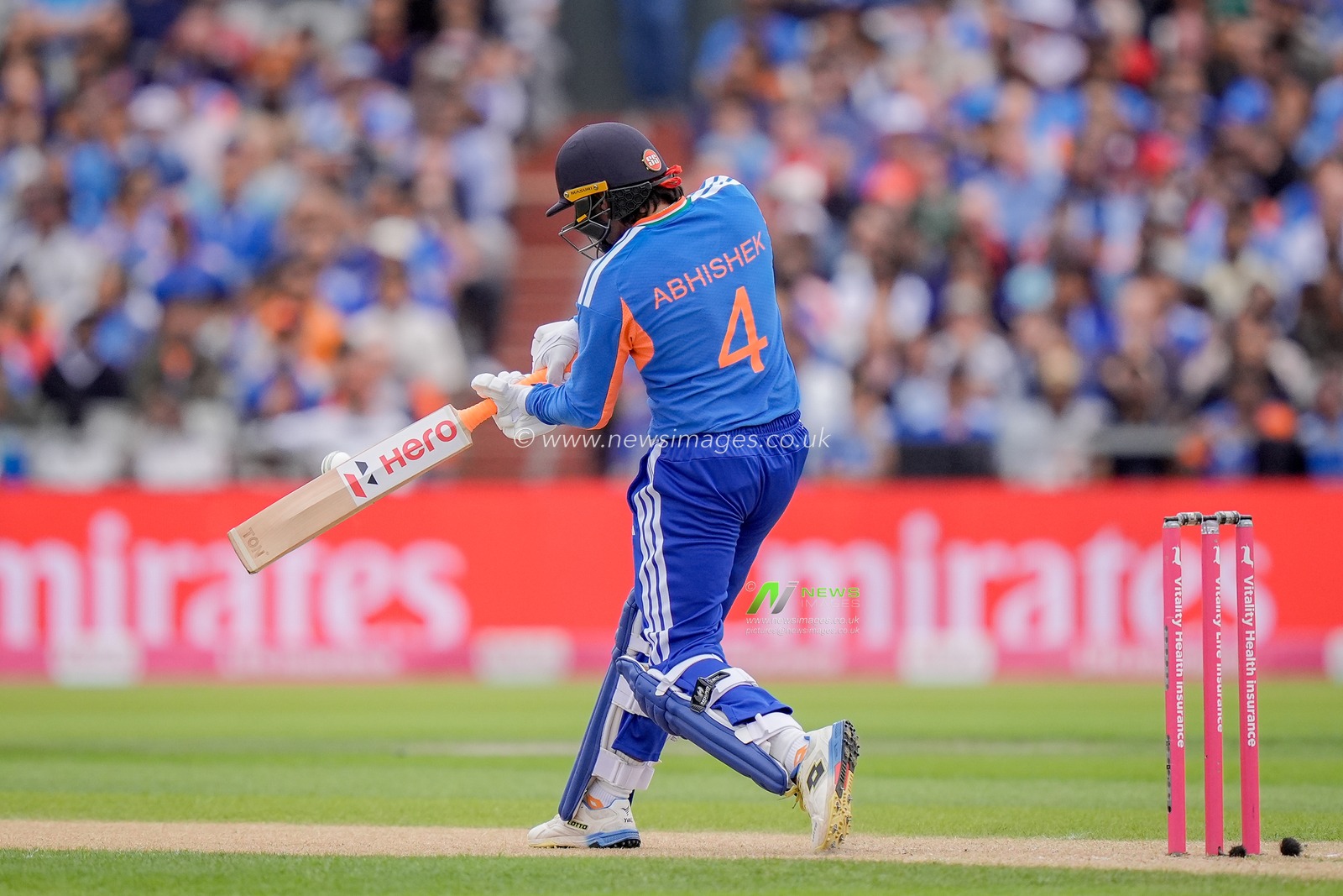 Abhishek Sharma of India hits a four during the Second Vitality T20 International match England vs India at Old Trafford, Manchester, United Kingdom on 04 July 2026

(Photo by Maynard Manyowa/News Images)