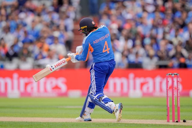 Abhishek Sharma of India hits a four during the Second Vitality T20 International match England vs India at Old Trafford, Manchester, United Kingdom on 04 July 2026

(Photo by Maynard Manyowa/News Images)