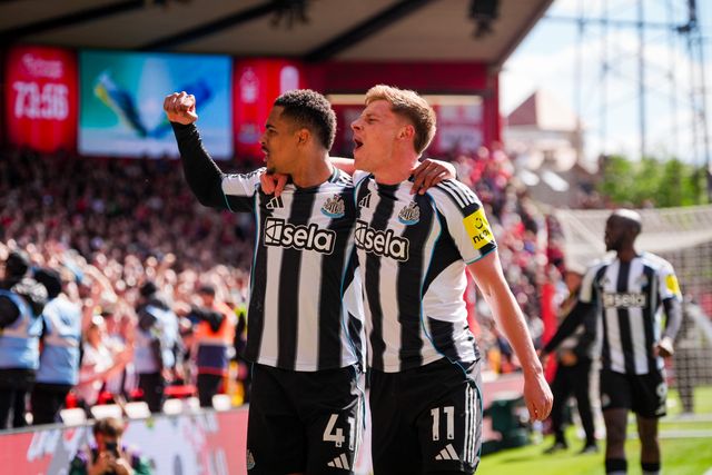 Harvey Barnes of Newcastle United celebrates his goal to make it  0-1 wth Jacob Ramsey of Newcastle United and Yoane Wissa of Newcastle United  during the Premier League match Nottingham Forest vs Newcastle Untied at City Ground, Nottingham, United Kingdom on 10 May 2026

(Photo by Maynard Manyowa/News Images)
