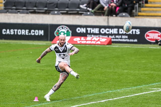 Zak Hardaker of Hull FC converts for a goal during the Betfred Super League round 6 match Hull FC vs Catalans Dragons at MKM Stadium, Hull, United Kingdom on 29 March 2026

(Photo by Alfie Cosgrove/News Images)