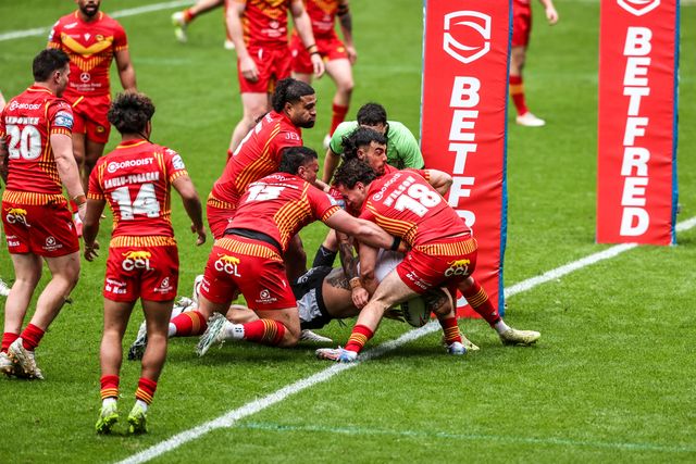 Sam Lisone of Hull FC goes over for a try during the Betfred Super League round 6 match Hull FC vs Catalans Dragons at MKM Stadium, Hull, United Kingdom on 29 March 2026

(Photo by Alfie Cosgrove/News Images)