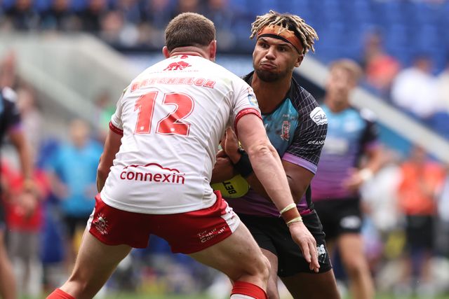 Hugo Salabio of Hull FC is tackled by James Batchelor of Hull KR during the Betfred Super League Magic Weekend match Hull KR vs Hull FC at Hill Dickinson Stadium, Liverpool, United Kingdom on 04 July 2026

(Photo by Alfie Cosgrove/News Images)