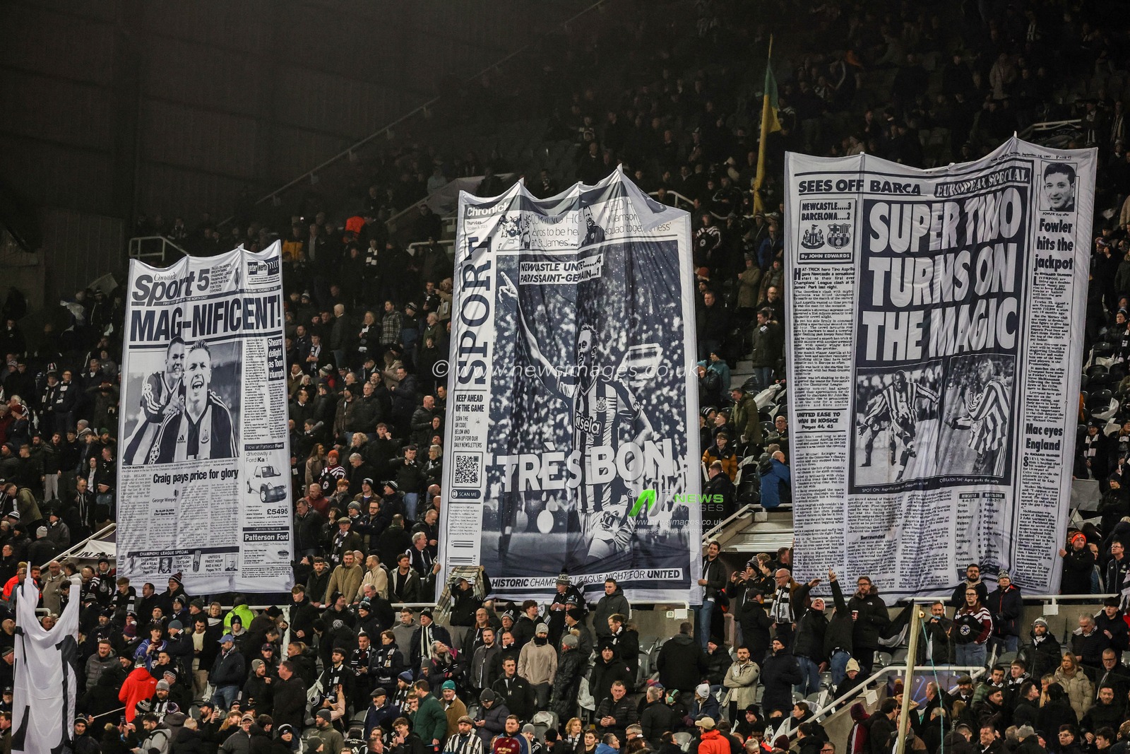 Newcastle fans hold up flags before the game during the UEFA Champions League Matchday 7 of 8 Newcastle United v PSV Eindhovenn at St. James's Park, Newcastle, United Kingdom, 21st January 2026

(Photo by Mark Cosgrove/News Images)