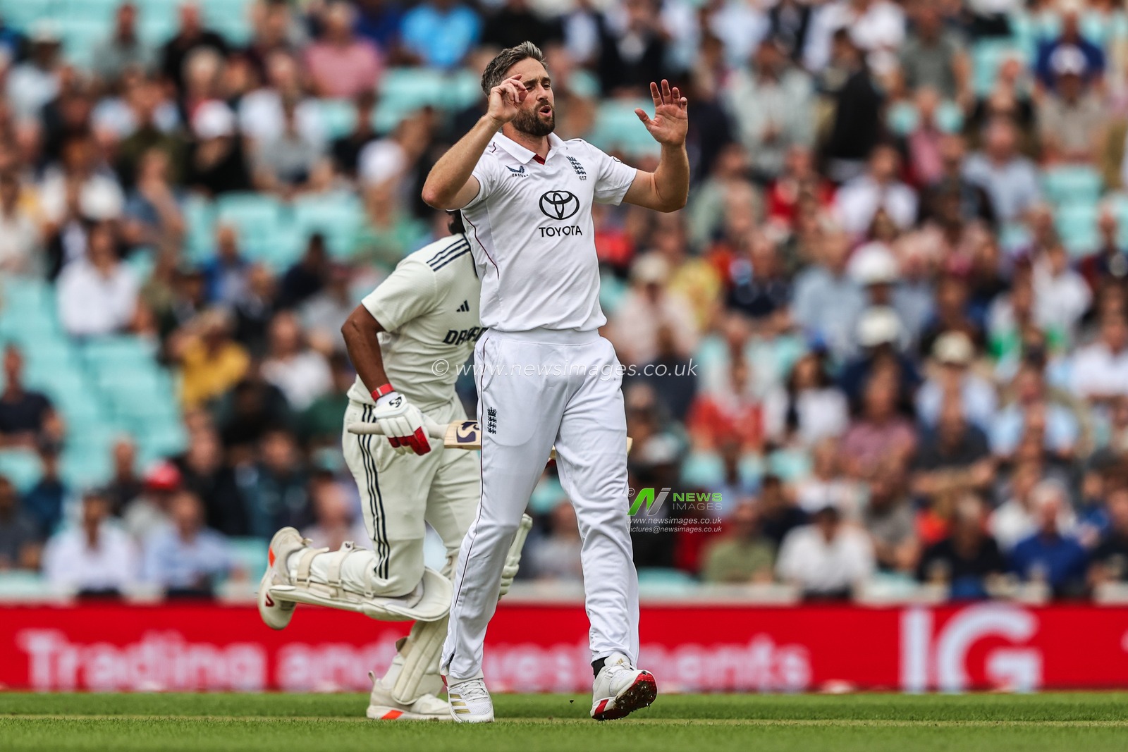 Chris Woakes of England reacts during the Rothesay 5th Rothesay Test Day 1 Match England v India at The Kia Oval, London, United Kingdom, 31st July 2025

(Photo by Alfie Cosgrove/News Images)