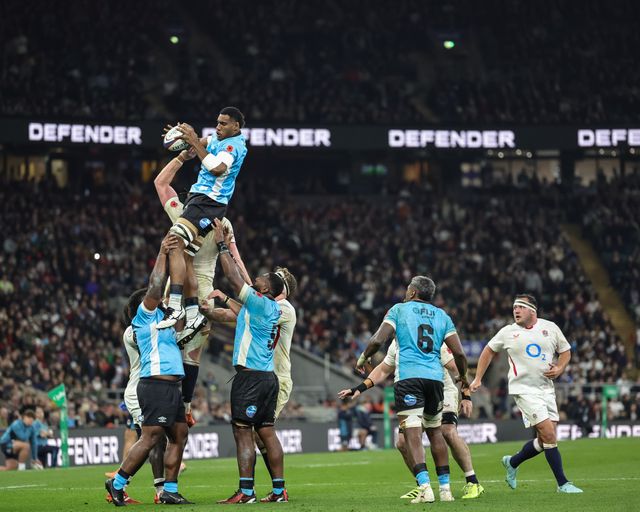 Mesake Vocevoce of Fiji jumps up to win the ball in a lineout during the Quilter Nations Series 2025 match England vs Fiji at Allianz Stadium, Twickenham, United Kingdom, 8th November 2025

(Photo by Mark Cosgrove/News Images)

*** GER AUT SUI OUT ***