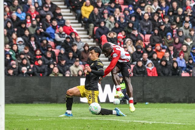 Brian Brobbey of Sunderland takes a shot on goal during the Premier League match Sunderland vs Manchester United at Stadium Of Light, Sunderland, United Kingdom on 09 May 2026

(Photo by Alfie Cosgrove/News Images)