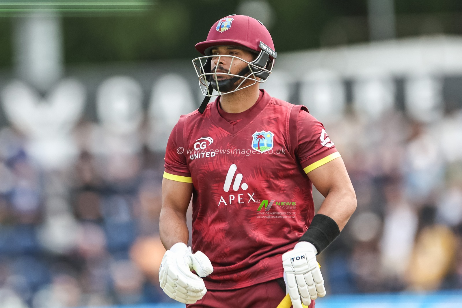 Brandon King of West Indies leaves the field of play after been dismissed during the 2nd Metro Bank ODI England v West Indies at Sophia Gardens Cricket Ground, Cardiff, United Kingdom, 1st June 2025

(Photo by Mark Cosgrove/News Images)
