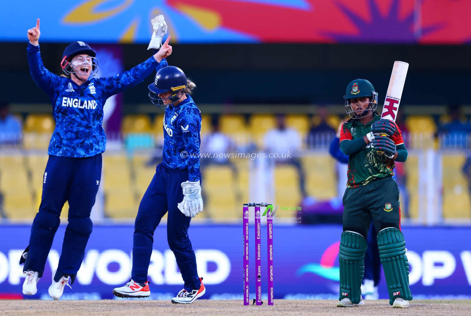 Shorna Akter of Bangladesh caught behind by Amy Jones of England celebrated by Tammy Beaumont of England during the ICC Women's World Cup match England Women vs Bangladesh Women at ACA Barsapara Cricket Stadium, Guwahati, Assam/ India, 7th October 2025

(Photo by Shubhajit Roy Karmakar/News Images)
