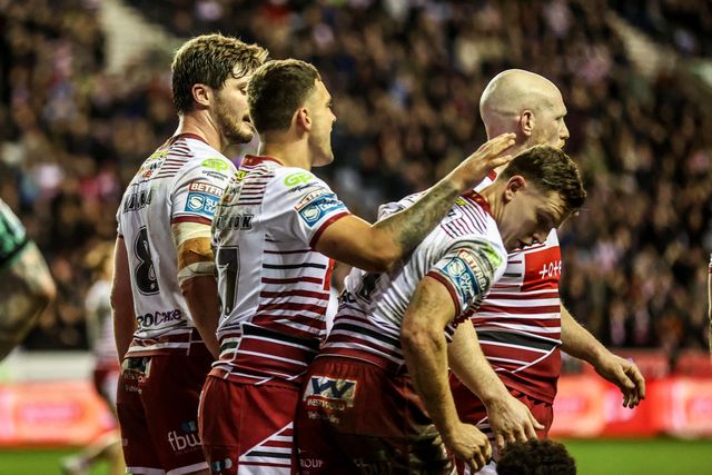 Jai Field of Wigan Warriors celebrates his try during the Betfred Super League match Wigan Warriors vs Leigh Leopards at The Brick Community Stadium, Wigan, United Kingdom on 26 February 2026

(Photo by Alfie Cosgrove/News Images)