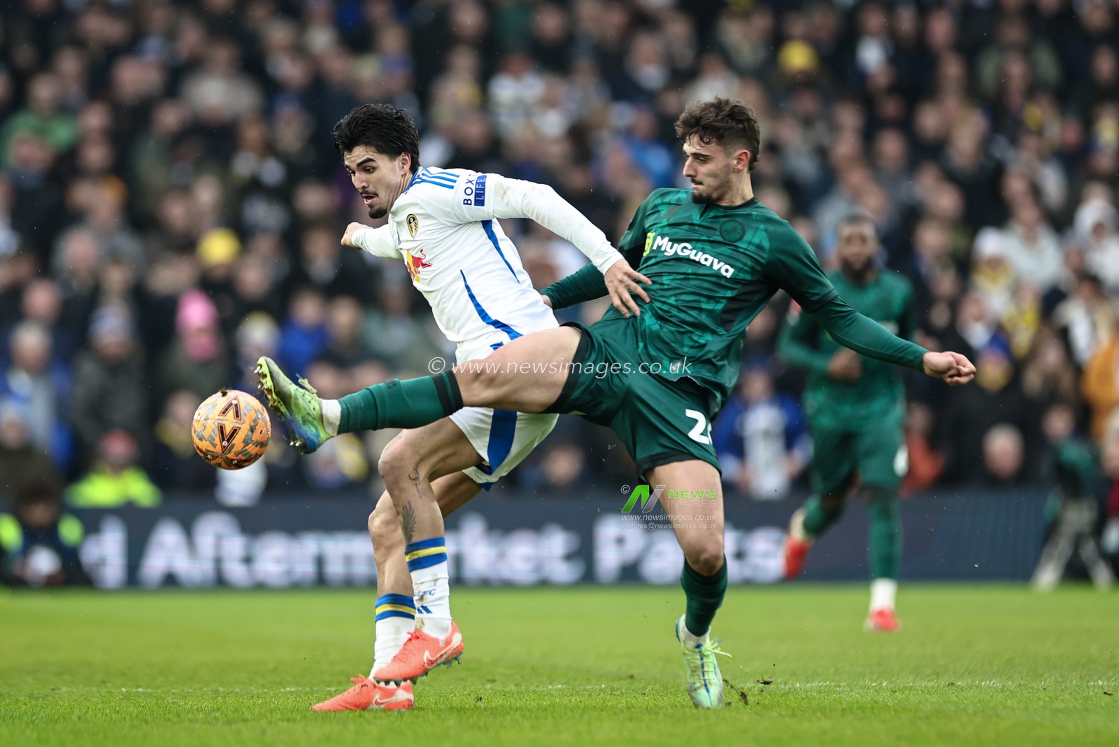 Pascal Struijk of Leeds United and Mihailo IvanoviÄ‡ of Millwall battle for the ball during the Emirates FA Cup Fourth Round match Leeds United vs Millwall at Elland Road, Leeds, United Kingdom, 8th February 2025

(Photo by Mark Cosgrove/News Images)