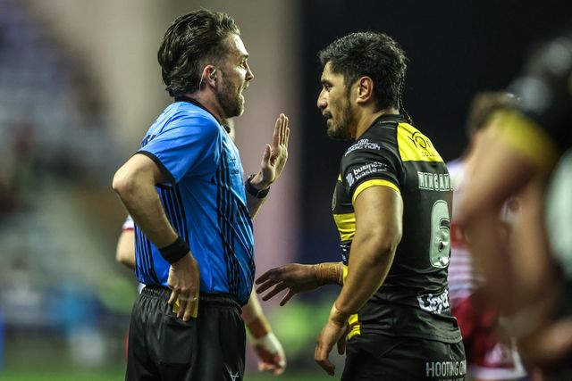 Ata Hingano of York Knights reacts to being sent off by referee Marcus Griffiths during the Betfred Super League round 5 match Wigan Warriors vs York Knights at The Brick Community Stadium, Wigan, United Kingdom on 19 March 2026

(Photo by Alfie Cosgrove/News Images)