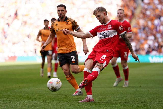 Riley McGree of Middlesbrough attempts cross from wide during the Sky Bet Championship Playoffs Final match Hull City vs Middlesbrough at Wembley Stadium, London, United Kingdom on 23 May 2026

(Photo by Harvey Murphy/News Images)