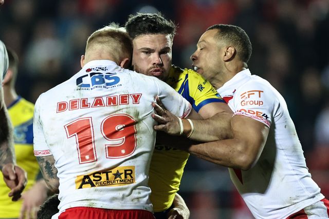 Joe Philbin of Warrington Wolves is tackled by George Delaney of St. Helens during the Betfred Super League Round 5 match St Helens vs Warrington Wolves at Totally Wicked Stadium, St Helens, United Kingdom, 21st March 2025

(Photo by Mark Cosgrove/News Images)