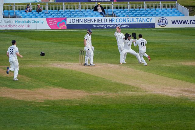 Graeme van Buuren celebrates the wicket of Matthew Montgomery with his team during the county Championship Division Two day 4 Derbyshire vs Gloucestershire at The Central Co-Op County Ground, Derby, United Kingdom on 27 April 2026

(Photo by Maynard Manyowa/News Images)