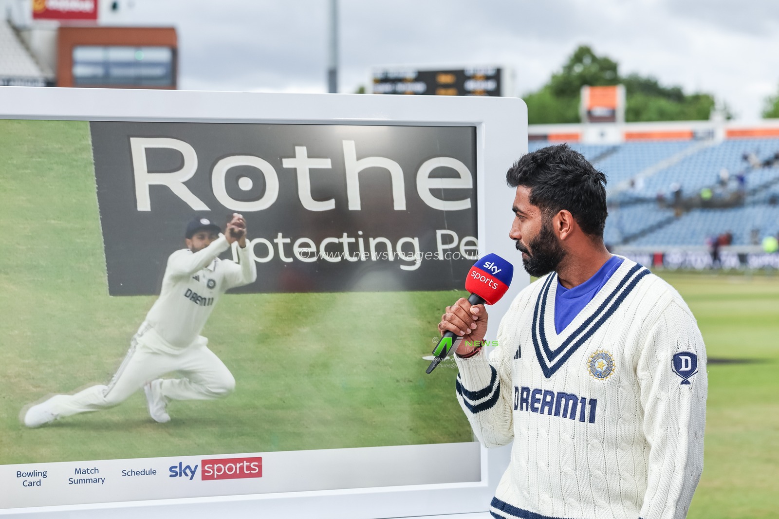 Jasprit Bumrah of India speaks to Sky Sports Cricket about day 3 during the 1st Rothesay Test Day 4 Match England v India at Headingley Cricket Ground, Leeds, United Kingdom, 23rd June 2025

(Photo by Mark Cosgrove/News Images)