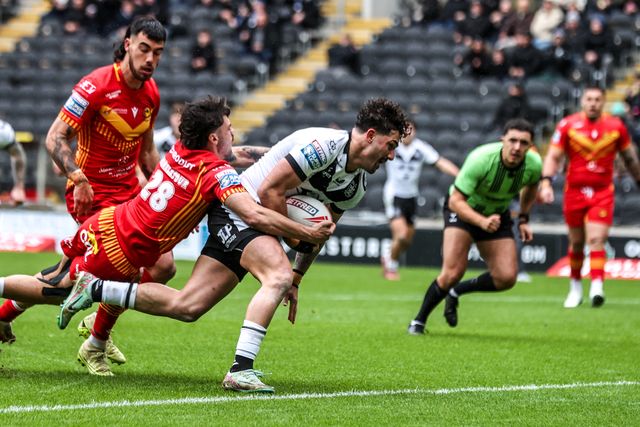 Arthur Romano of Hull FC goes over for a try during the Betfred Super League round 6 match Hull FC vs Catalans Dragons at MKM Stadium, Hull, United Kingdom on 29 March 2026

(Photo by Alfie Cosgrove/News Images)