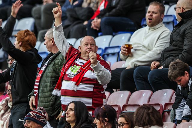 Wigan fans celebrate a try during the Betfred Super League round 11 match Wigan Warriors vs Leeds Rhinos at The Brick Community Stadium, Wigan, United Kingdom on 15 May 2026

(Photo by Alfie Cosgrove/News Images)