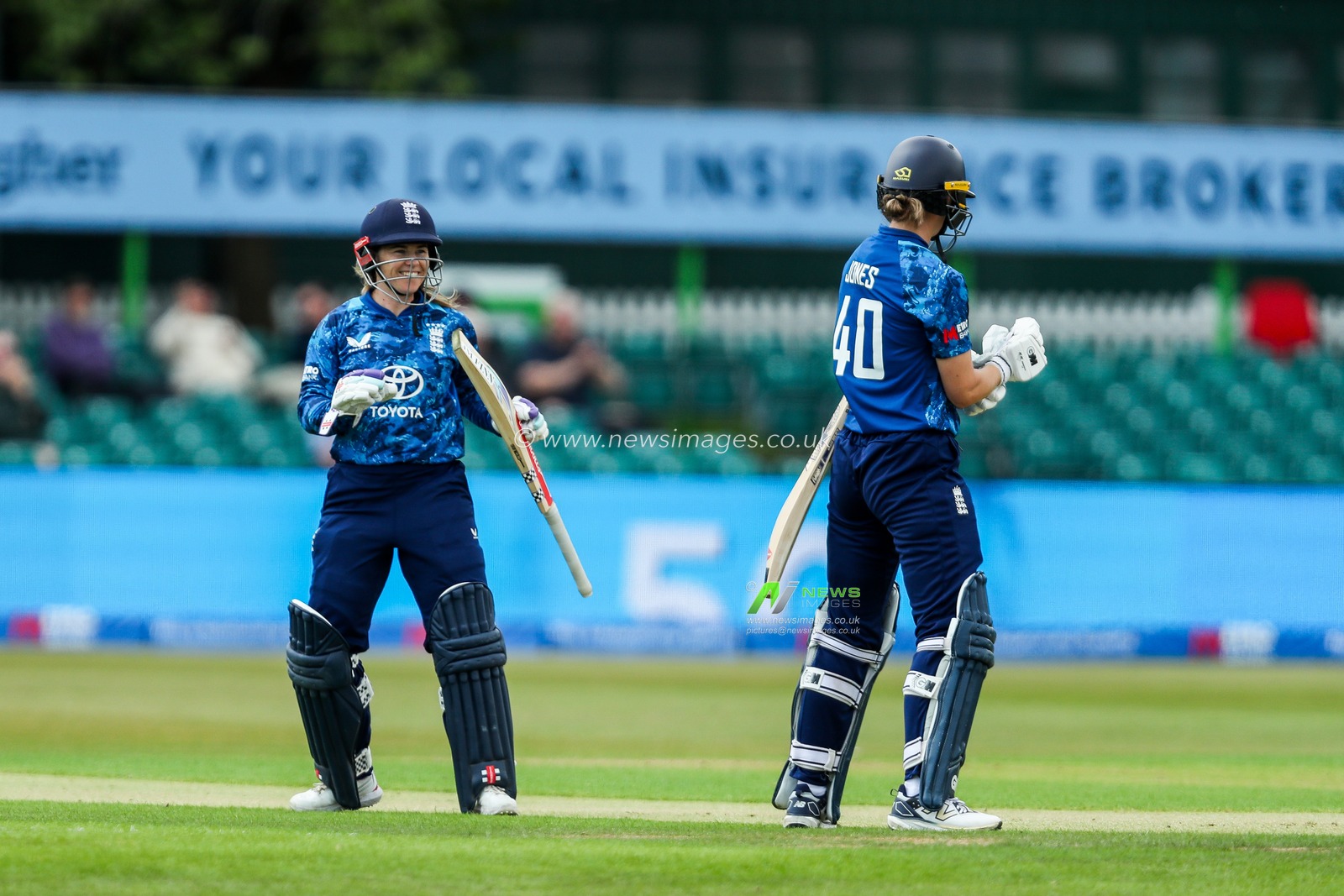 England Women celebrate a half century during the 2nd Metro Bank ODI Day International England Women v West Indies Women at Uptonsteel County Ground, Leicester, United Kingdom, 4th June 2025

(Photo by Izzy Poles/News Images)