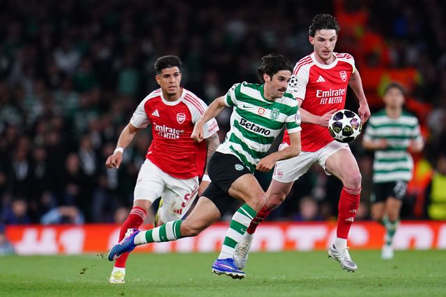 Trincao of Sporting CP and Declan Rice of Arsenal battle during the UEFA Champions League Quarter Finals match Arsenal vs Sporting CP at Arsenal stadium, London, United Kingdom on 15 April 2026

(Photo by Harvey Murphy/News Images)