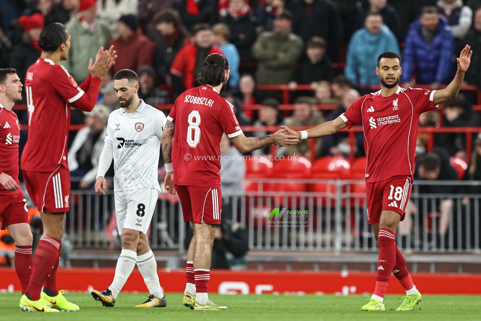 Cody Gakpo of Liverpool celebrates with Dominik Szoboszlai of Liverpool who scores to make it 1-0 during the Emirates FA Cup Third Round match Liverpool vs Barnsley at Anfield, Liverpool, United Kingdom, 12th January 2026

(Photo by Alfie Cosgrove/News Images)