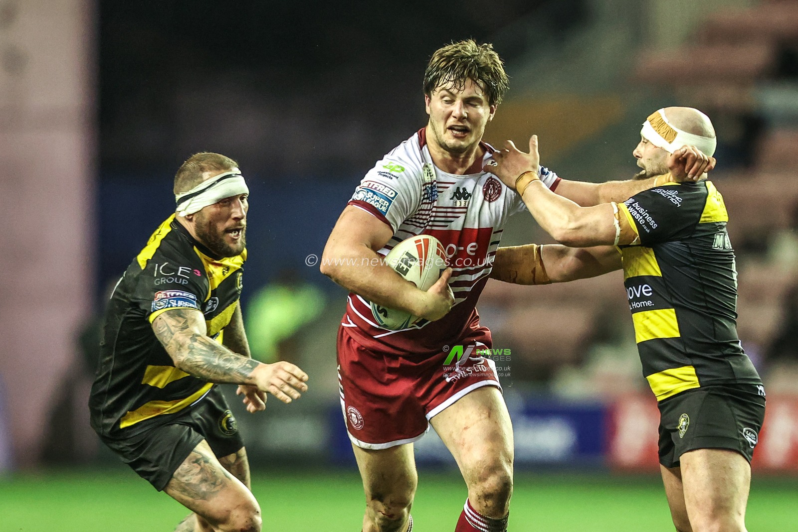 Ethan Havard of Wigan Warriors is tackled by Paul McShane of York Knights during the Betfred Super League round 5 match Wigan Warriors vs York Knights at The Brick Community Stadium, Wigan, United Kingdom on 19 March 2026

(Photo by Alfie Cosgrove/News Images)