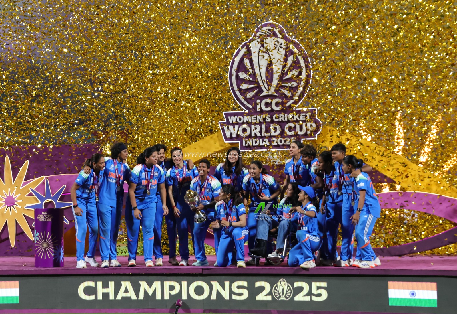 India women's team won the final celebrating with Trophy during the ICC Women's ODI Cricket World Cup Final 2025 session India Women vs South Africa Women at Dr. D.Y. Patil Sports Academy, Navi Mumbai, India, 2nd November 2025

(Photo by Shubhajit Roy Karmakar/News Images)