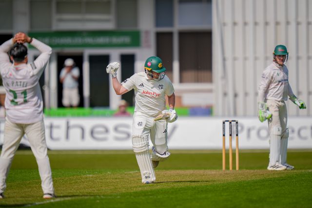 Ben Slater celebrates reaching 100 runs and scoring his century during Leicestershire County Cricket Club vs Nottinghamshire County Cricket Club in Country Cricket Division One Day 1 at Grace Road, Leicester, United Kingdom on 01 May 2026

(Photo by Maynard Manyowa/News Images)