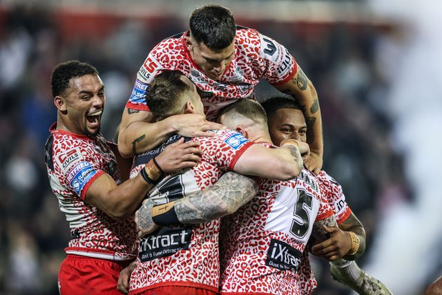 Josh Charley of Leigh Leopards celebrates his try making it 16-0 during the Betfred Super League play-off Eliminator 1 match Leigh Leopards vs Wakefield Trinity at Progress With Unity Stadium, Leigh, United Kingdom, 26th September 2025

(Photo by Alfie Cosgrove/News Images)