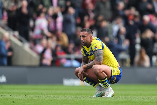 A dejected Paul Vaughan of Warrington Wolves reacts to his team's loss after the Betfred Super League Round 8 match Leigh Leopards vs Warrington Wolves at Leigh Sports Village, Leigh, United Kingdom, 19th April 2025

(Photo by Gareth Evans/News Images)