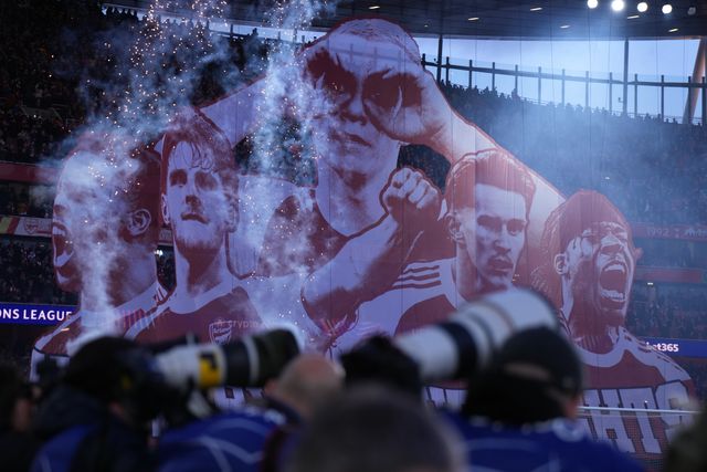 View of the arsenal tifo ahead of the UEFA Champions League Quarter Finals match Arsenal vs Sporting CP at Arsenal stadium, London, United Kingdom on 15 April 2026

(Photo by Harvey Murphy/News Images)