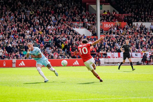 Morgan Gibbs-White of Nottingham Forest scores to make it 2-1 during the Premier League match Nottingham Forest vs Burnley at City Ground, Nottingham, United Kingdom on 19 April 2026

(Photo by Maynard Manyowa/News Images)