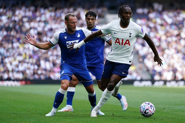 Mathys Tel of Tottenham Hotspur with the ball under pressure during the pre-season friendly match Tottenham Hotspur vs Hoffenheim at Tottenham Hotspur Stadium, London, United Kingdom on 15 August 2026

(Photo by Harvey Murphy/News Images)