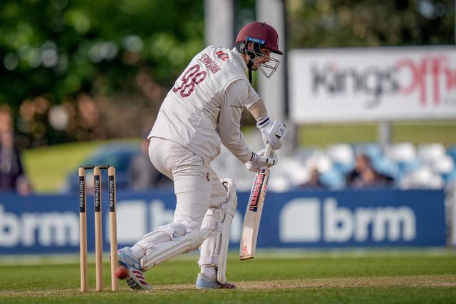 George Scrimshaw  defends the ball during the County Championship Division Two Derbyshire vs Northamptonshire day four match at The Central Co-Op County Ground, Derby, United Kingdom on 11 May 2026

(Photo by Maynard Manyowa/News Images)