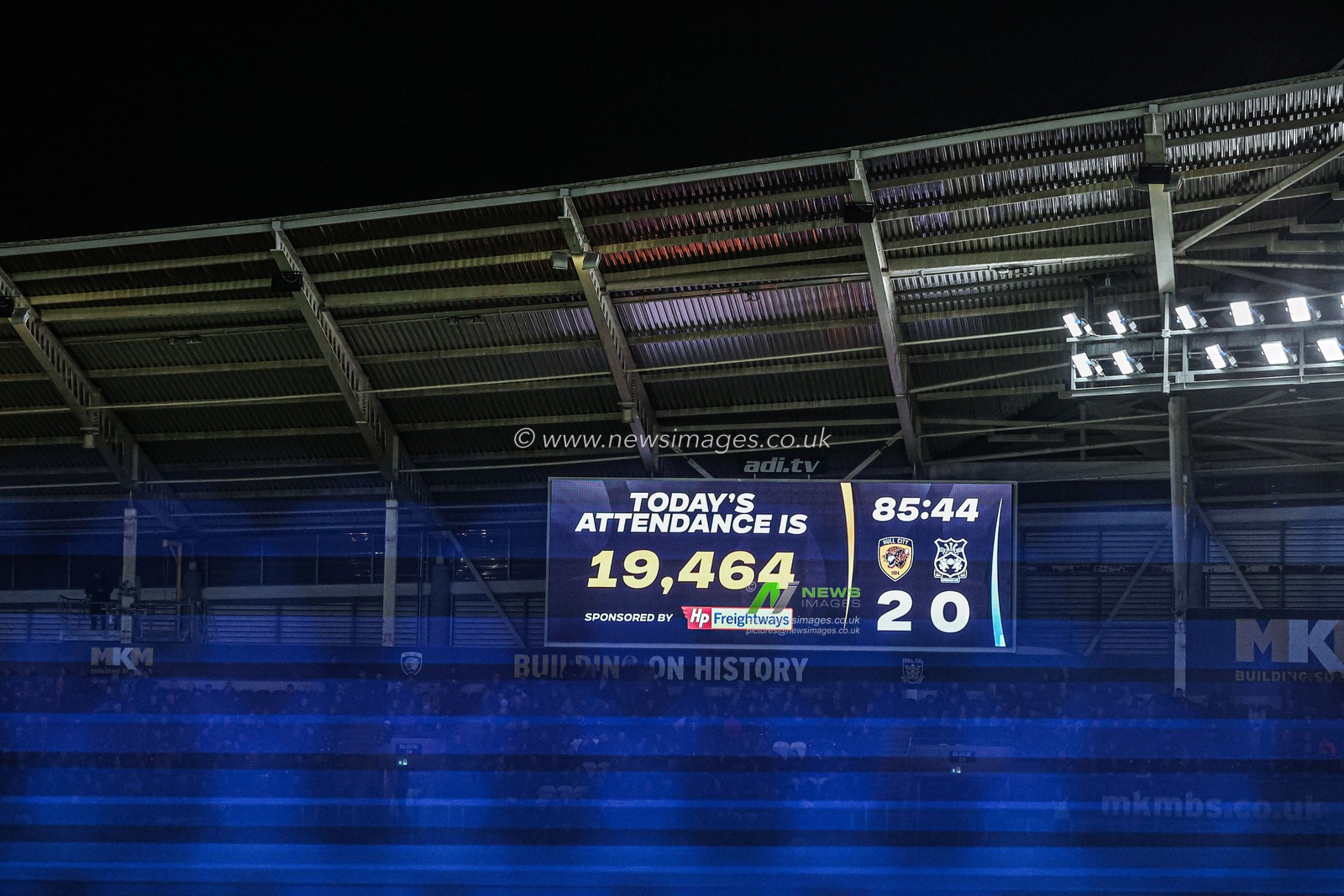 The official attendance is displayed as 19,464 during the Sky Bet Championship match Hull City vs Wrexham at MKM Stadium, Hull, United Kingdom, 10th December 2025

(Photo by Alfie Cosgrove/News Images)

*** GER AUT SUI OUT ***