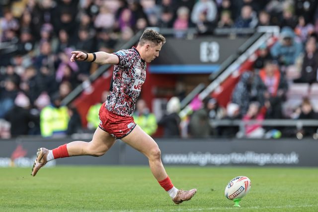 Adam Cook of Leigh Leopards converts for a goal during the Betfred Super League round 6 match Leigh Leopards vs Toulouse at Leigh Sports Village, Leigh, United Kingdom on 28 March 2026

(Photo by Mark Cosgrove/News Images)