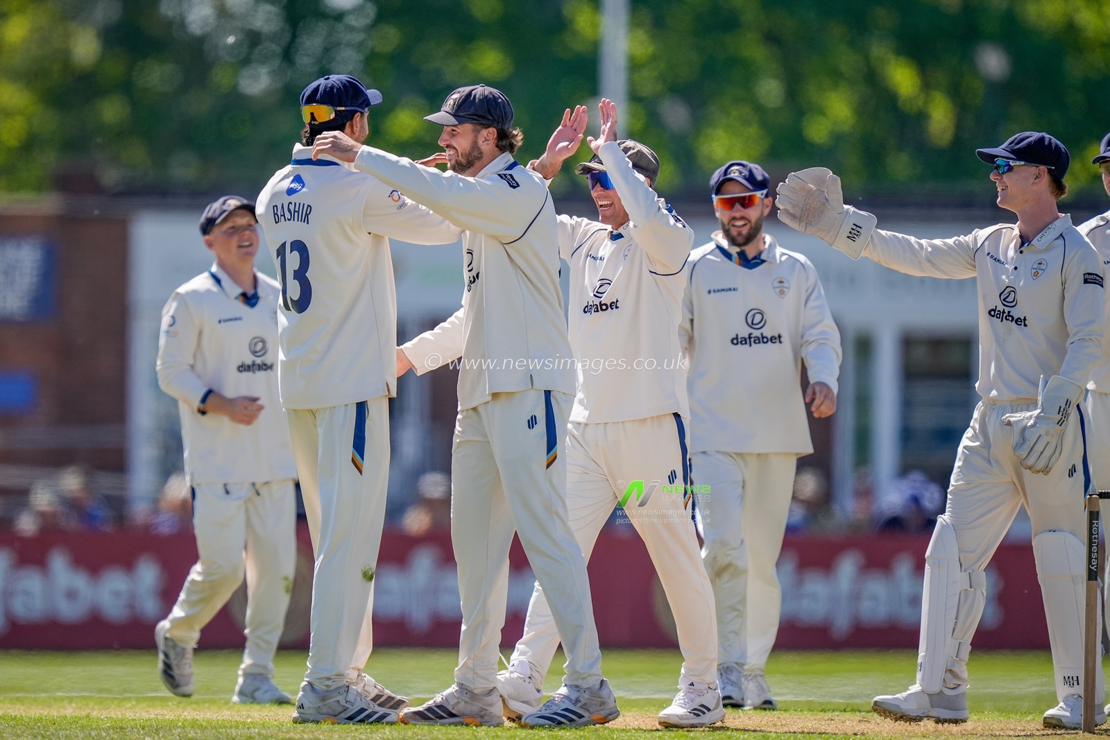 Shoaib Bashir of Derbyshire celebrates the wicket of Cameron Bancroft of Gloucestershire during the County Championship Division Two Derbyshire vs Gloucestershire at The Central Co-Op County Ground, Derby, United Kingdom on 24 April 2026

(Photo by Maynard Manyowa/News Images)