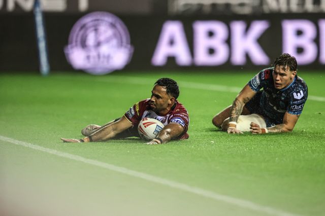 Bevan French of Wigan Warriors goes over for a try making it 4-0 during the Betfred Super League Semi Final 1 match Wigan Warriors vs Leigh Leopards at The Brick Community Stadium, Wigan, United Kingdom, 3rd October 2025

(Photo by Alfie Cosgrove/News Images)