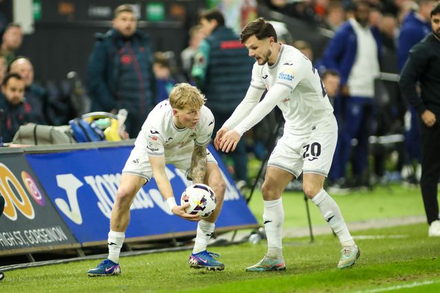 Melker Widell  and Liam Cullen of Swansea City  during the Sky Bet Championship match Swansea City vs Preston North End at Swansea.com Stadium, Swansea, United Kingdom on 24 February 2026

(Photo by Andrew Lewis/News Images)
