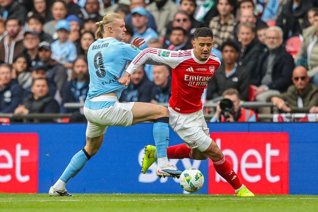 William Saliba of Arsenal battle for the ball Erling Haaland of Manchester City during the Carabao Cup Final match Arsenal vs Manchester City at Emirates, London, United Kingdom on 22 March 2026

(Photo by Alfie Cosgrove/News Images)