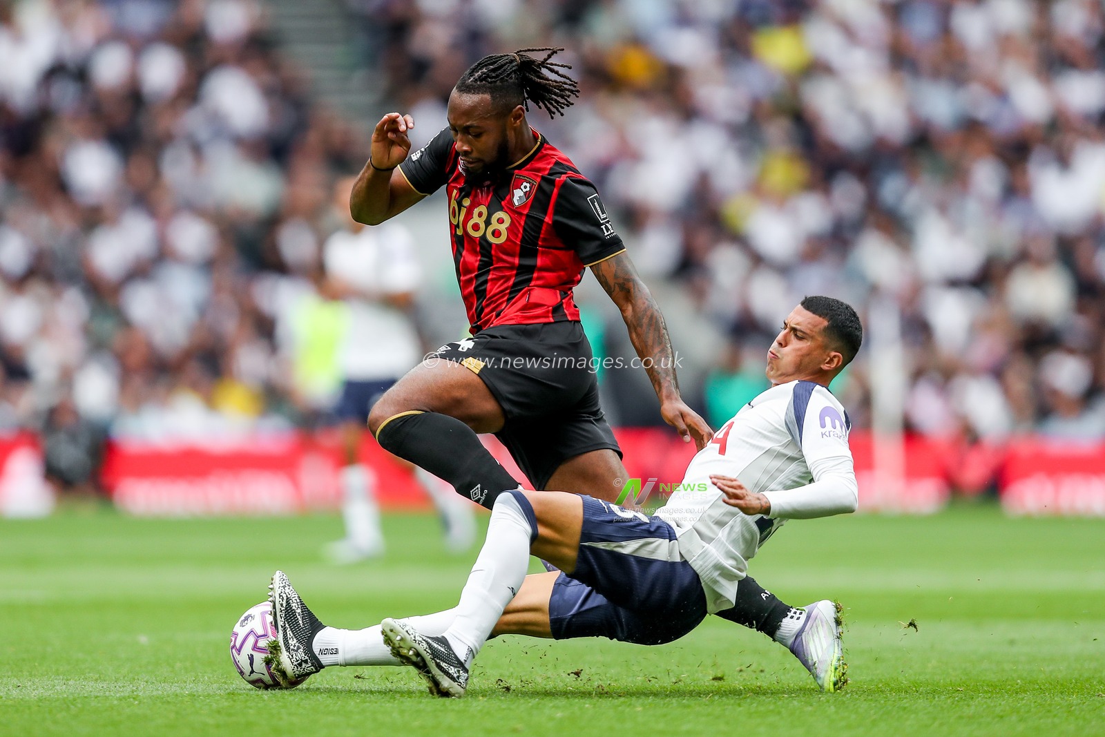 Antoine Semenyo of AFC Bournemouth is challenged by Pedro Porro of Tottenham Hotspur during the Premier League match Tottenham Hotspur vs Bournemouth at Tottenham Hotspur Stadium, London, United Kingdom, 30th August 2025

(Photo by Izzy Poles/News Images)