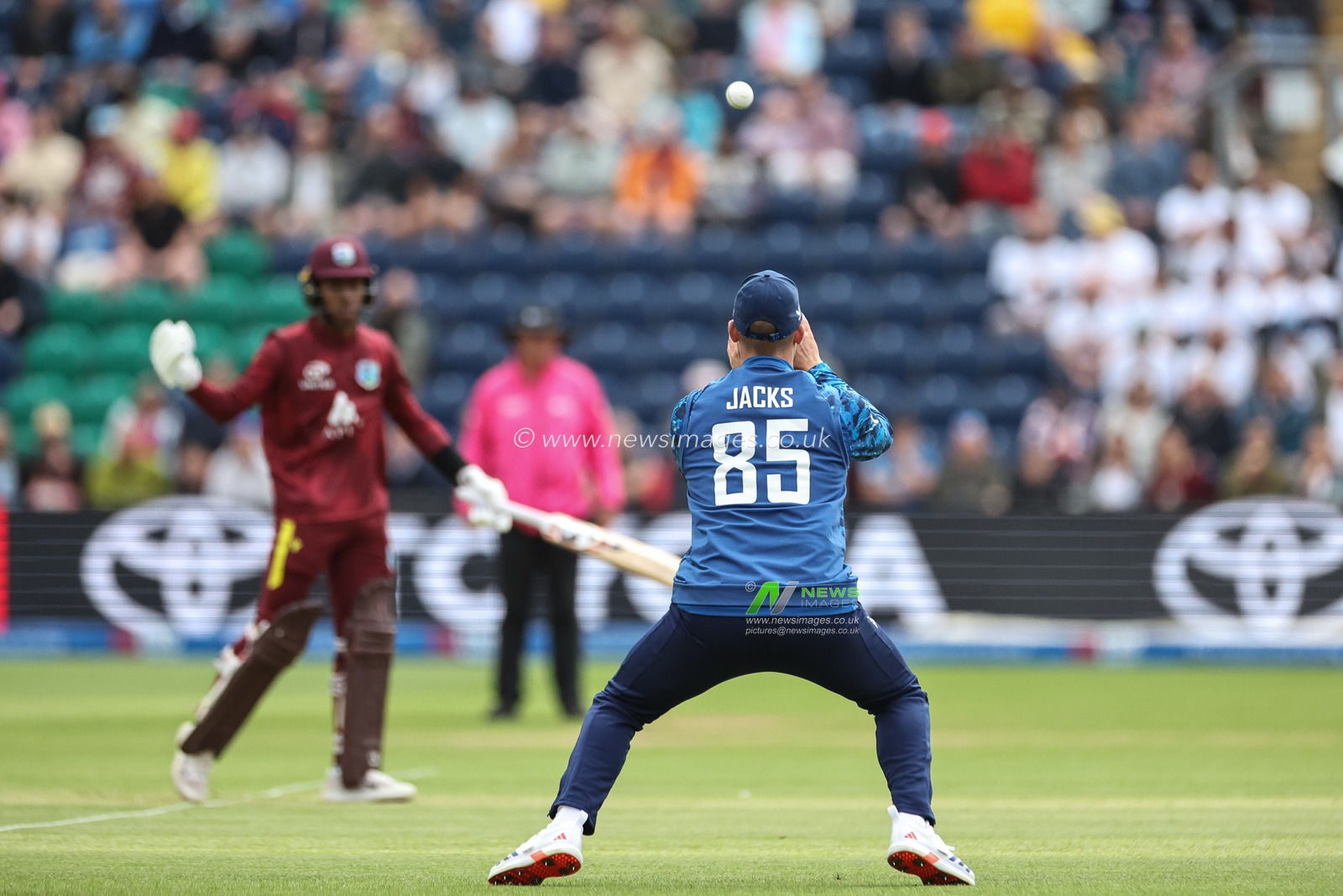 Jewel Andrew of West Indies hits the ball into the hands of Will Jacks of England and is caught out during the 2nd Metro Bank ODI England v West Indies at Sophia Gardens Cricket Ground, Cardiff, United Kingdom, 1st June 2025

(Photo by Mark Cosgrove/News Images)