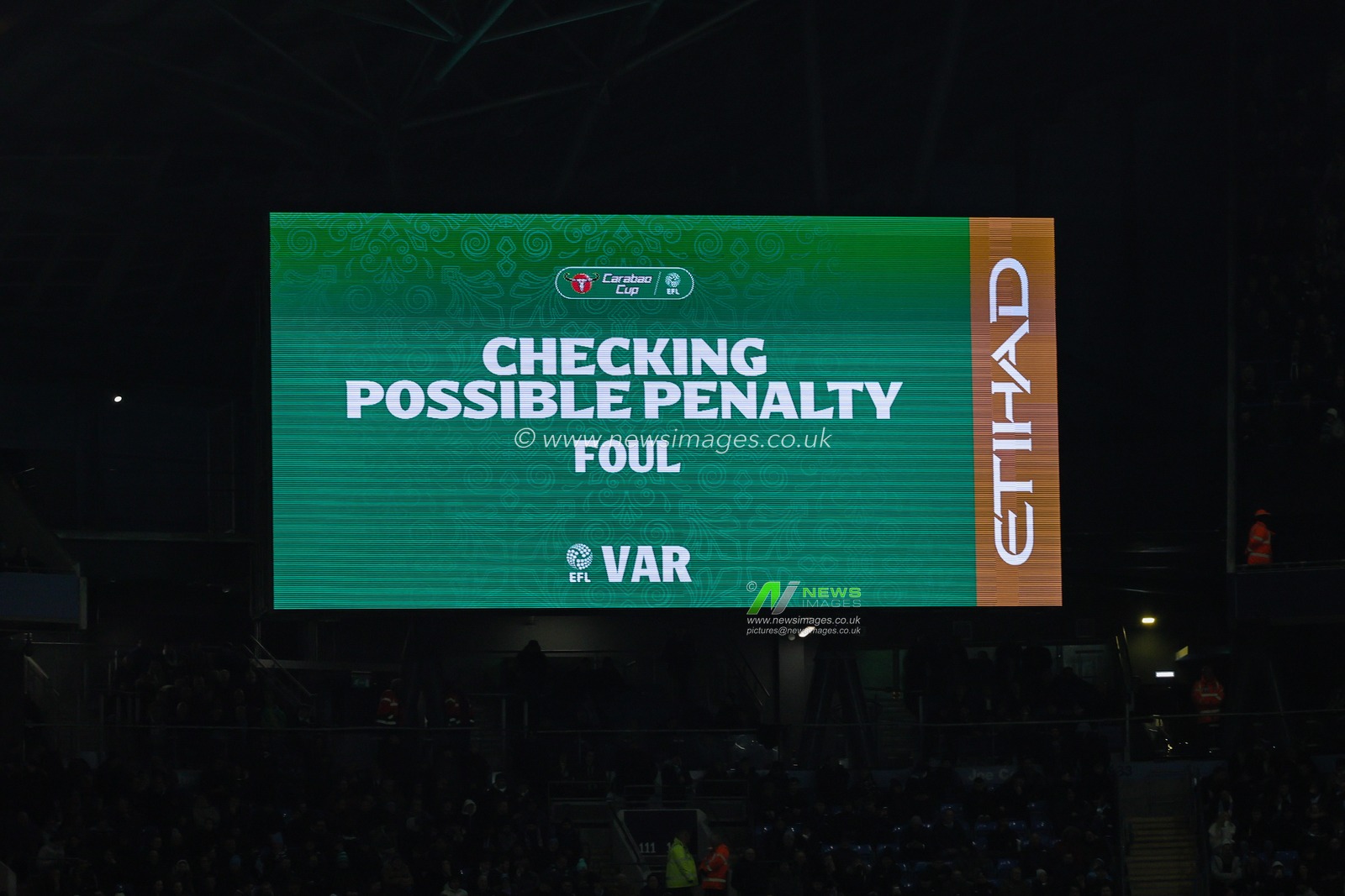 VAR check for a penalty during the Carabao Cup Semi-Final second leg match Manchester City vs Newcastle United at Etihad Stadium, Manchester, United Kingdom, 4th February 2026

(Photo by Mark Cosgrove/News Images)