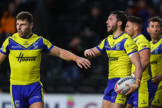 Adam Holroyd of Warrington Wolves celebrates his try to make it 6-4 during the Betfred Challenge Cup match Widnes Vikings vs Warrington Wolves at DCBL Stadium, Widnes, United Kingdom, 15th March 2025

(Photo by Gareth Evans/News Images)