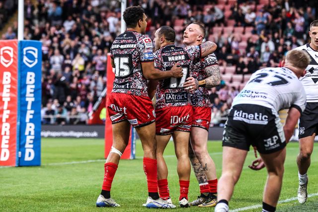 Josh Charnley of Leigh Leopards celebrates his try during the Betfred Super League round 12 match Leigh Leopards vs Hull FC at Leigh Sports Village, Leigh, United Kingdom on 22 May 2026

(Photo by Alfie Cosgrove/News Images)