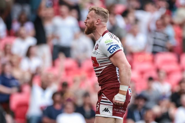 Luke Thompson of Wigan Warriors celebrates his try during the Betfred Challenge Cup Final match Wigan Warriors vs Hull KR at Wembley Stadium, London, United Kingdom on 30 May 2026

(Photo by Mark Cosgrove/News Images)