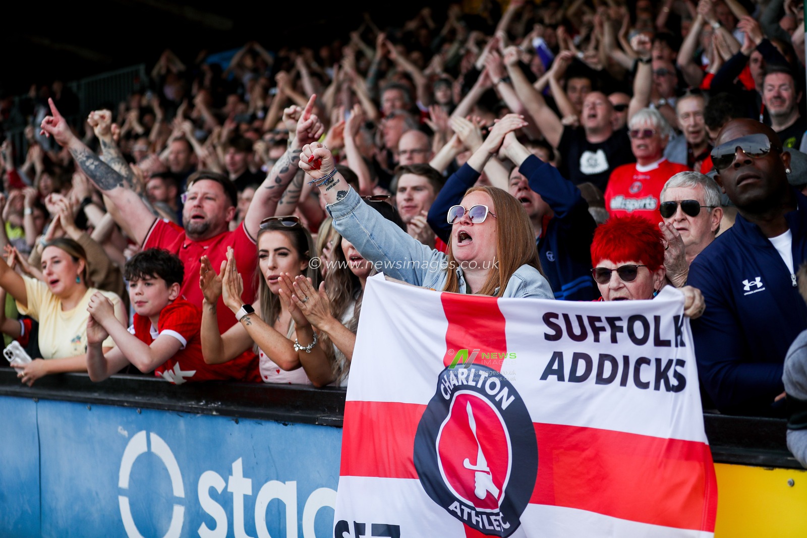 Charlton Athletic fans celebrate after the teams victory following the Sky Bet League 1 match Cambridge United vs Charlton Athletic at Cledara Abbey Stadium, Cambridge, United Kingdom, 12th April 2025

(Photo by Izzy Poles/News Images)
