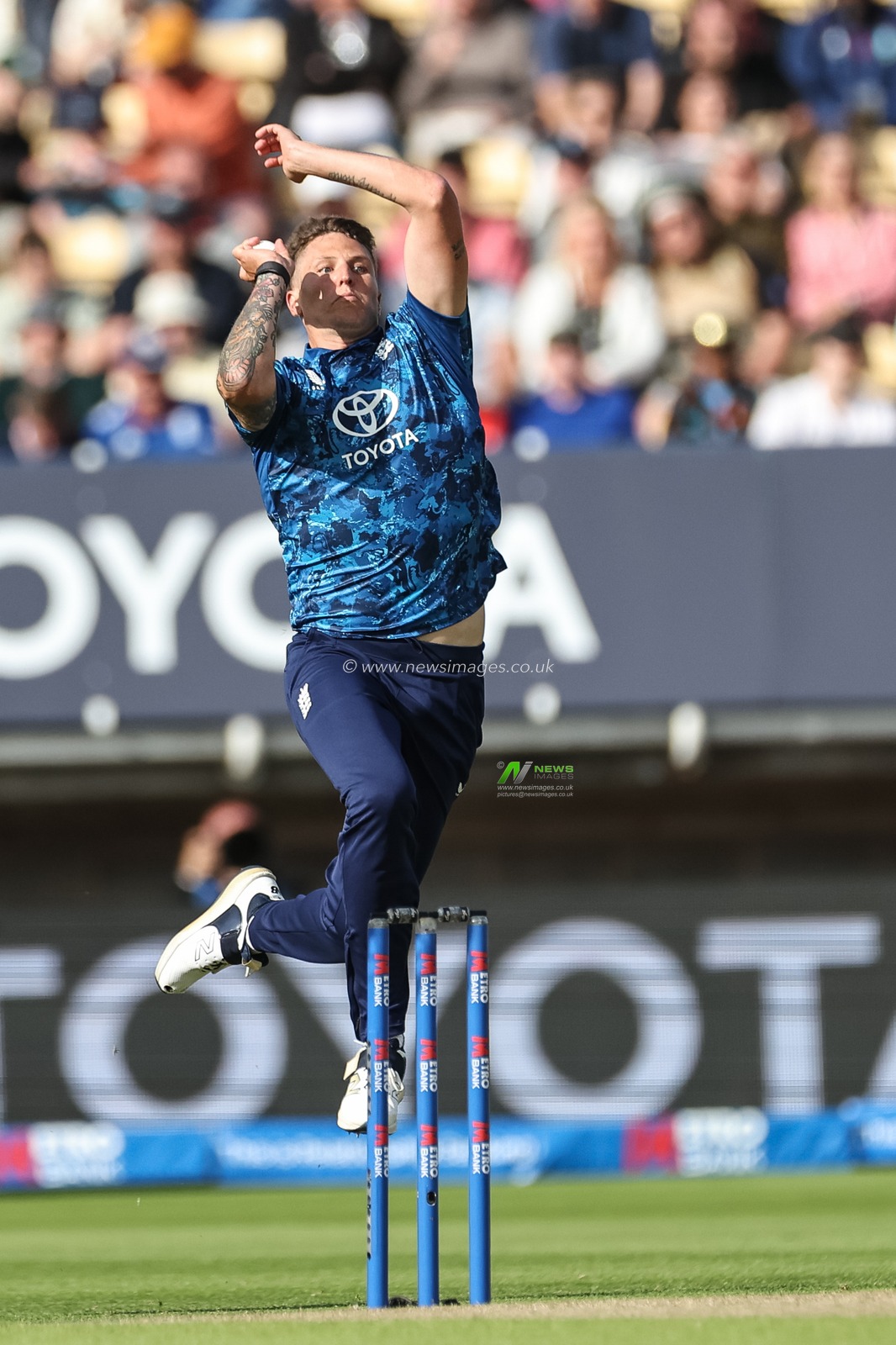 Brydon Carse of England delivers the ball during the 1st Metro Bank ODI England vs West Indies at Edgbaston, Birmingham, United Kingdom, 29th May 2025

(Photo by Mark Cosgrove/News Images)