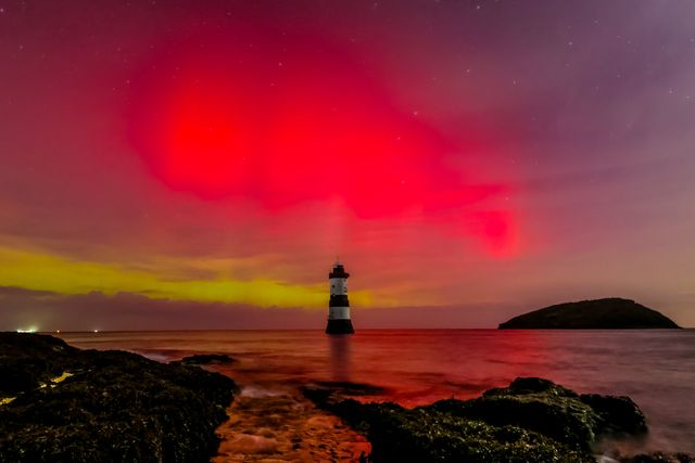Northern Lights shine over Penmon Lighthouse